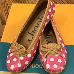 Pink polka dot rain shoes
